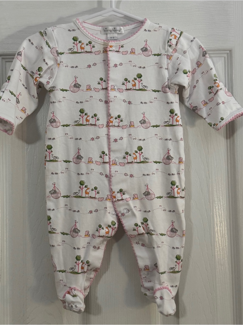 Kissy Kissy Baby Girl White Footed One-Piece with Pink Trim and Scenic Print